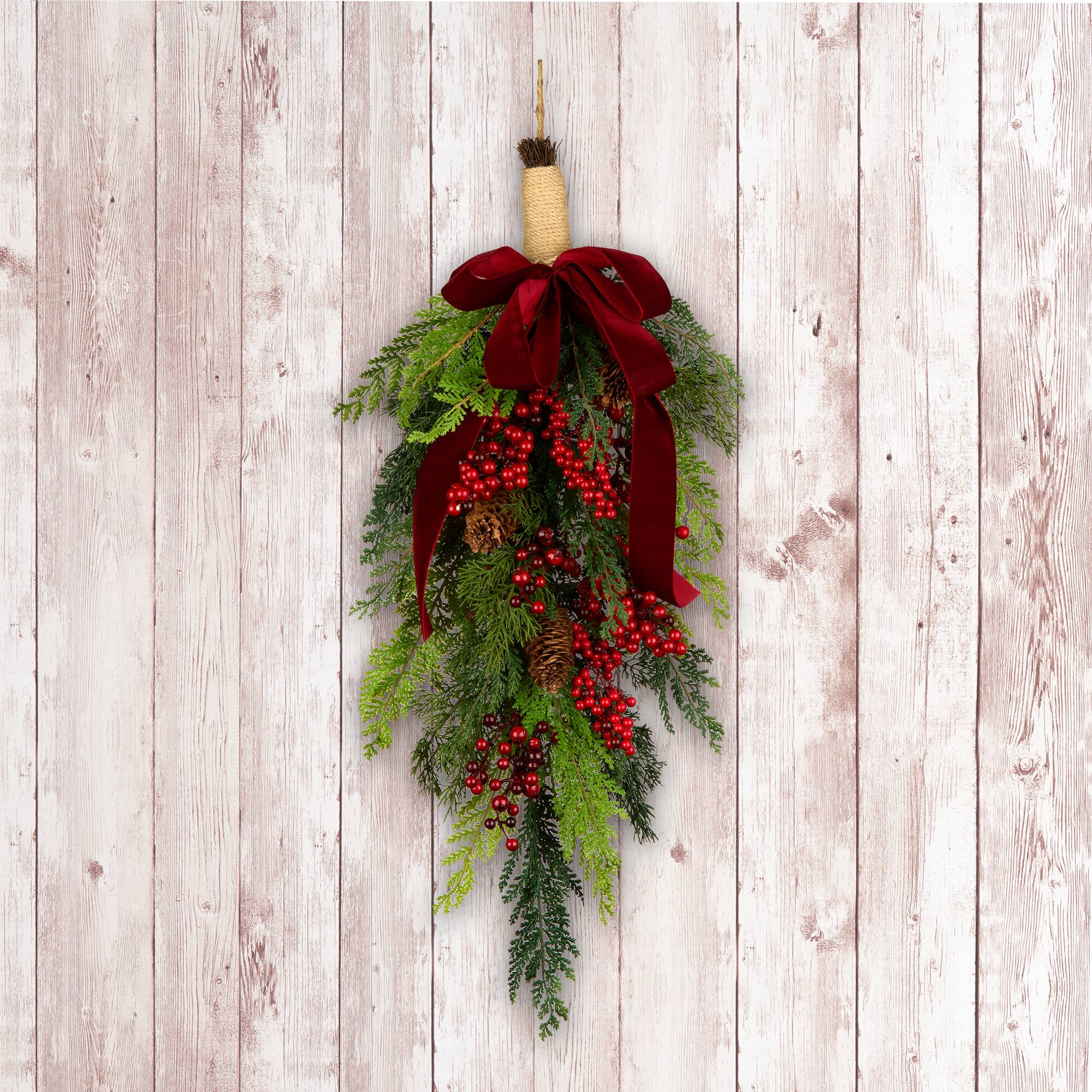 28" Christmas Joy Cypress, Red Berry & Pinecone Teardrop Swag